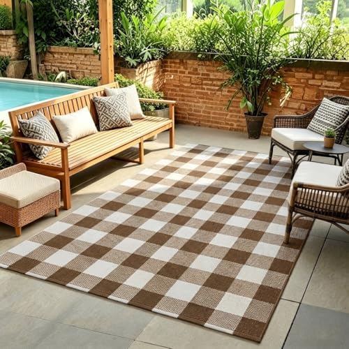 MUBIN Fall Decor Cotton Buffalo Plaid Rug, 4' x 6' Coffee White Outdoor Rug Decorative Mat, Washable Large Doormat Hand-Woven Foldable Area Rug for Outdoor Patio Indoor Living Room Dining Room Kitchen - Image 5
