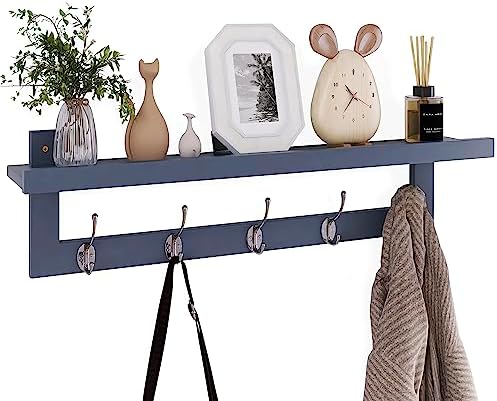 SMIBUY Coat Hooks with Shelf Wall-Mounted, 29.2 Inch Entryway Coat Rack for Wall, Bamboo Hanging Shelf with 5 Double Metal Hooks for Bathroom, Bedroom, Kitchen, Living Room, Mudroom (Grey) by SMIBUY