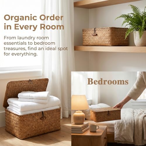 Wicker Basket with Lid,Seagrass Flat Storage Bins, Set of 5 - Image 6