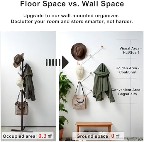SKOLOO Hat Rack for Wall with 11 Hooks, 24 inch Solid Wooden, Modern, Huge Coat Rack Wall Mount for Coats, Hats, Bags, Cowboy Caps, Baseball Caps, Natural on White - Image 5