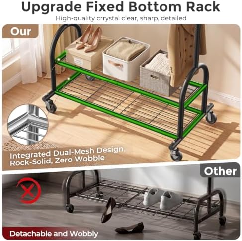 Heavy Duty Metal Clothes Rack Load 586 LBS, Height‑Adjustable Rolling Garment Rack for Hanging Clothes, Sturdy Wheel Clothing Rack with 2 Shelves, Portable Closet Wardrobe Organizer Rack,Black - Image 5