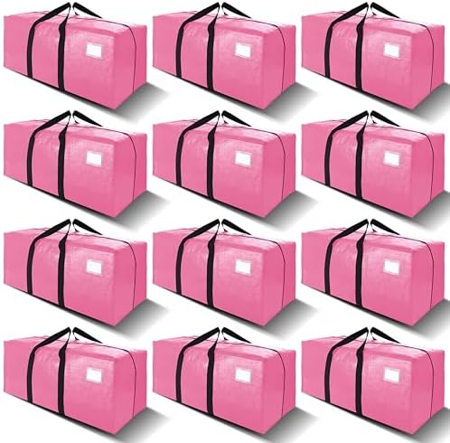 VELVETSURE 12 Pack Heavy Duty Large Moving Bags W/Backpack Straps - Strong Handles & Zippers, Storage Totes For Space Saving, Fold Flat, Alternative to Moving Box and Storage Bin, Pink by VELVETSURE