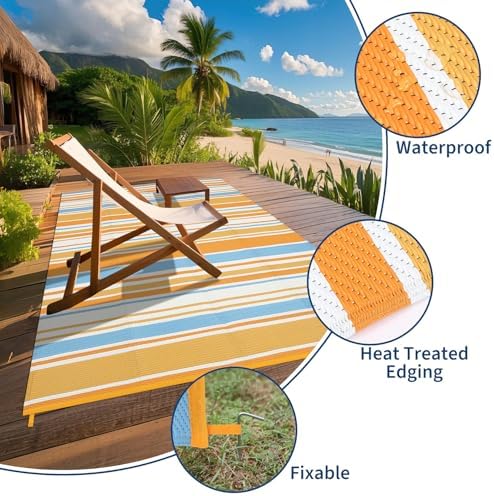 Garvee Modern Geometric 9x12 Outdoor Rug Colorful Lines Yellow Blue Rugs - Image 4