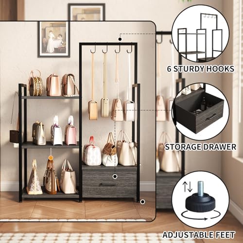 Handbag Organizer - 3 Tier Purse Storage Rack with Pull Out Drawer & 6 Hooks, High Capacity Handbag Holder Shelf, Metal Frame with Wood Shelves for Closet/Bedroom(Dark Grey) - Image 5