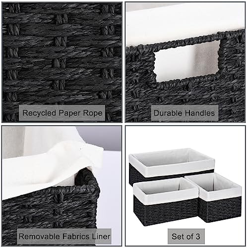 Vagusicc Storage Basket, 3-Pack Woven Paper Rope Wicker Baskets for Storage with Handles, 15 Inches Large Cube Storage Bins Woven Storage Baskets with Liners for Shelves Organizing & Decor, Black - Image 2