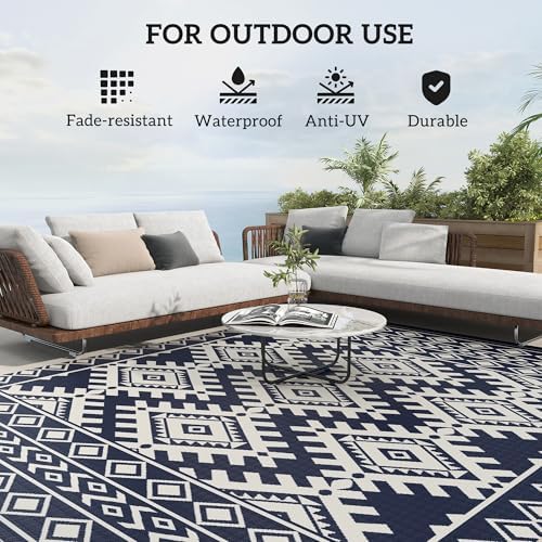Outsunny Outdoor Rug for Patio Waterproof 8' x 10' Blue & White Rhombus - Image 6
