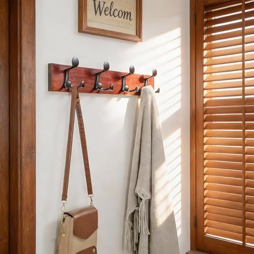 SKOLOO 24-Inch Cherry Wood Coat Rack Wall Mount with 4 Triple Hooks - Ideal for Family Entrances, Classrooms, and Pet Supplies Storage - Perfect Coat Hooks for Wall - Image 2