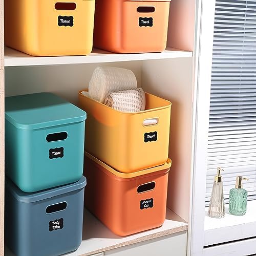 Tanlade 8 Pcs Plastic Storage Bins Stackable Baskets with Lid and Handle Colorful Desktop Storage Box Cubby Containers for Shelf Bedroom Office, Include 1 Erasable Marker, 16 Stickers (14 x 10 x 9 In) - Image 4