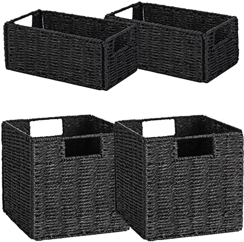 Vagusicc Wicker Storage Baskets, Set of 2 Hand-Woven Foldable Cube Storage Baskets for Shelves with Handles 13 inches + Set of 2 Small Wicker Storage Baskets for Organizing Toilet Shelves,Black by Vagusicc