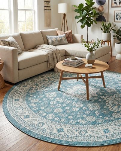 Rugs.com - Outdoor Aztec Rug – 10 Ft Round Aqua Indoor/Outdoor Rug – Washable Flatweave for Patios, Decks, and Porches - Image 5