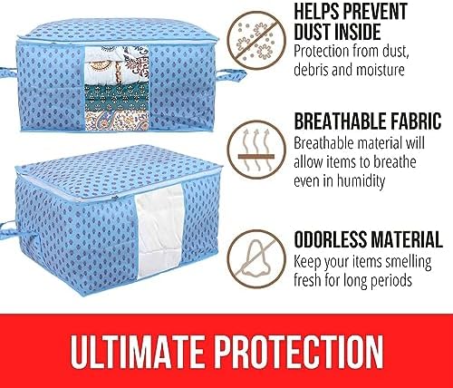 Kuber Industries Foldable Underbed Storage Bag|Organizer For Clothes Large|Non-Woven Comforter, Blanket Cover|Metalic Print & Side Handle|Pack of 12 (Sky Blue) - Image 3