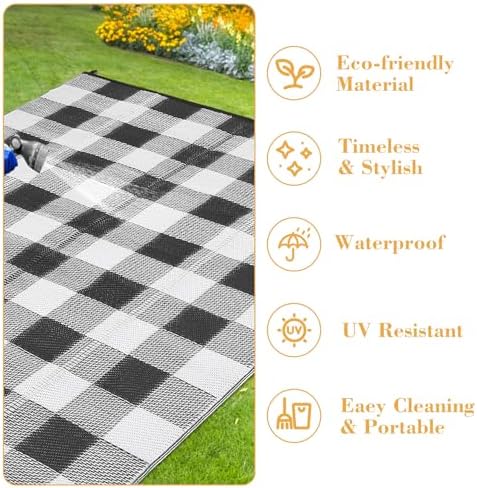 GlowSol Large Outdoor Rug 10x14 Plastic Straw Rug Waterproof UV Resistant Reversible Rug, Modern Black White Outdoor Checkered Rug, Foldable Camping Mat for Picnics, Beach, Backyard - Image 3