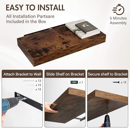 Acovy 24 Inch Floating Shelves, 12" Deep Floating Shelf Wall Mounted, 24" Wall Shelves, Rustic Deep Bookshelf, Extra Deeper & Thicker Display Shelves for Bedroom, Living Room, Brown, Set of 2 - Image 6