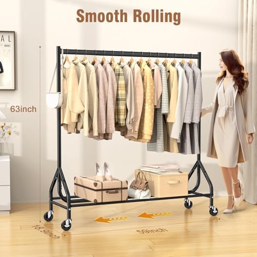 EAGMAK Heavy Duty Clothes Rack Load 420 LBS, Rolling Garment Rack with Lockable Wheels, Standing Metal Clothing Rack, Portable Wardrobe Sturdy Coat Rack for Hanging Clothes (Black, 59″×18.9″×63″) - Image 4