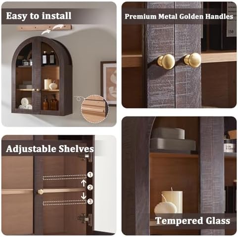 Bathroom Arched Wall Cabinet,23.5'' Wide Medicine Cabinet, Bathroom Cabinet Wall Mount W/Glass Doors & Adjustable Shelves, Over The Toilet Storage Cabinet for Laundry Room, Bedroom,Kitchen, Brown - Image 5