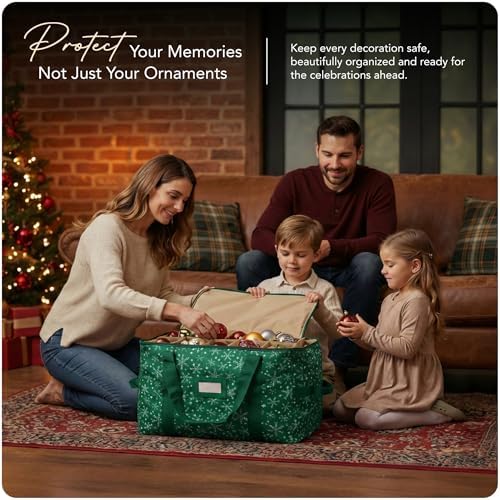 Covermates Keepsakes Adjustable Ornament Storage Bag – Heavy-Duty Polyester, Padded Dividers & FlexGrid Trays – Protective Holiday Ornament Organizer with Handles & Label Window, Green Snowflake - Image 2