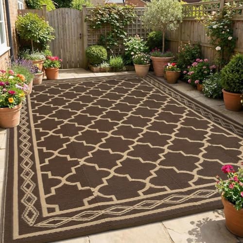 Outdoor Rug 9x12 Reversible Patio Rug Outdoor Plastic Straw Rugs Vintage Trellis Waterproof Outside Carpet for Deck RV Camping Rugs for Patio Backyard Picnic Porch Beach Balcony, Brown Beige by Unknown