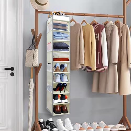 2 Pack Large-Sized Hanging Shoe Organizer 10-Shelf, Sturdy Hanging Closet Organizer with 8 Side Pockets, Wider Hanging Shelves for Storage Shoes Clothes Jeans Shirts Toys, Beige - Image 2