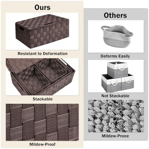 Storage Baskets with Lids: 5 Pack Stackable Woven Storage Bins, Brown - Image 5