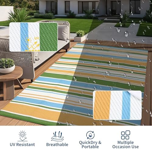 GAOMON 9x18 Outdoor Rug Waterproof for Patio Plastic Straw Large Rug Geometric Stripe Outdoor Area Rug Modern Lines Outdside Camping Rugs for RV Porch Deck Backyard Balcony, Yellow Blue Green White - Image 7