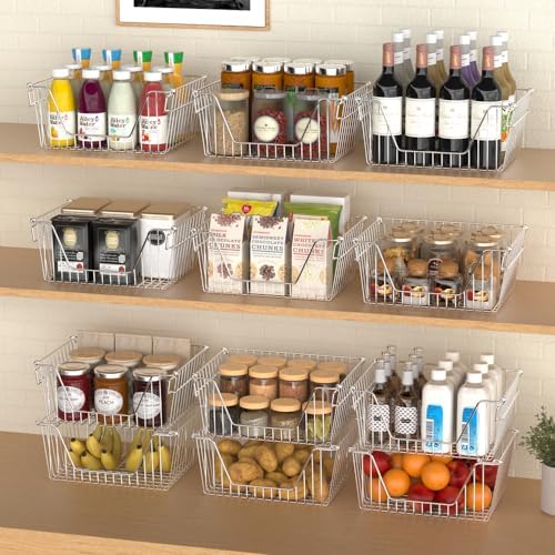 Slideep 14" Large Stackable Storage Baskets, Cabinet Organizer Sturdy Metal Wire Pantry Freezer Bin for Pantry Home Bathroom Kitchen Organization - Set of 8 - Image 4