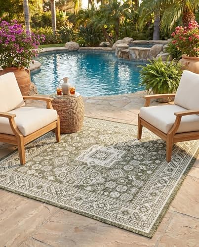 Rugs.com - Outdoor Aztec Rug – 5 Ft Square Green Indoor/Outdoor Rug – Durable for Patios, Decks, and Porches - Image 5