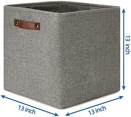 Temary Storage Baskets 13 Inch Fabric Storage Cubes for Shelves Set of 4 Storage Cube Bins for Home, Office, Storage Organizers for Toys with Leather Handles(Grey) - Image 2