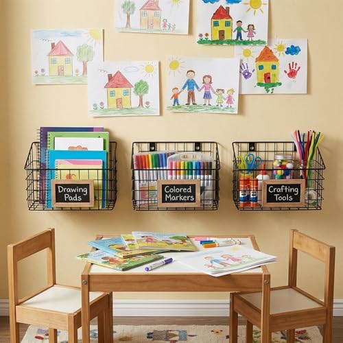 MyGift 10 Inch Wall Mounted Matte Black Metal Wire Storage Baskets with Chalkboard Labels, Small Hanging Organizer Bins for Home Entryway Kitchen Pantry Closet, Set of 3 - Image 6
