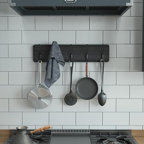 Flash Furniture Daly Wall Mounted Storage Rack - Black Wash Solid Pine Wood - 24 Inch - 5 Hanging Hooks - for Entryway, Kitchen, Bathroom - Image 2
