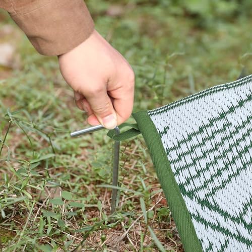 COZYLOOM Large Outdoor Rug 9 x 18 Waterproof Tropical Leaf Plastic Straw Rug, Modern Patio Rug, UV-Resistant Reversible Mat with 4 Stakes, Outside Carpet for Backyard, RV, Deck, Picnic, Green White - Image 5