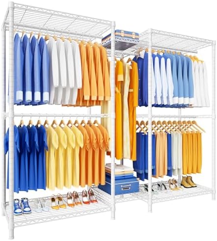 Ulif E12 Pro Clothes Rack，Heavy Duty Freestanding Garment Rack with Shelves，Metal Clothing Closet Storage System for Hanging Clothes，71" W x 16" D x 76.5" H, Hold 960 lbs，White by Ulif