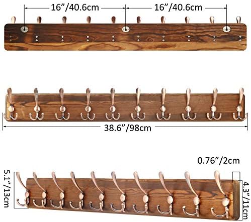 SKOLOO Coat Rack Wall Mounted - 38.6" Long, Wooden, Heavy Duty, Rustic Coat Hooks for Wall, Coat Rack with 10 Triple Hooks for Hanging Clothes, Jacket, Hat(Brown & Retro Red) - Image 5