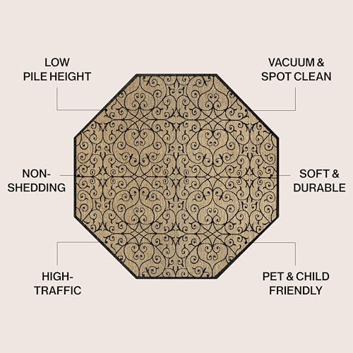 Eyely Filigree WeaveOctagon Area Rug 5 Ft Black/Khaki, Indoor Outdoor Rug - Image 3