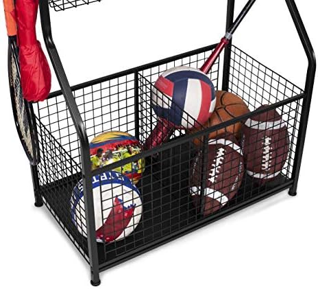 BIRDROCK HOME Sports Equipment Ball Organizer 43"H for Garage -Storage Rack - Baseball, Tennis, Football, Gym Gear - Wide Bin Basket - 4 Hooks - Kids Toy Holder - Hockey Stick Cage | Indoor - Outdoor - Image 6