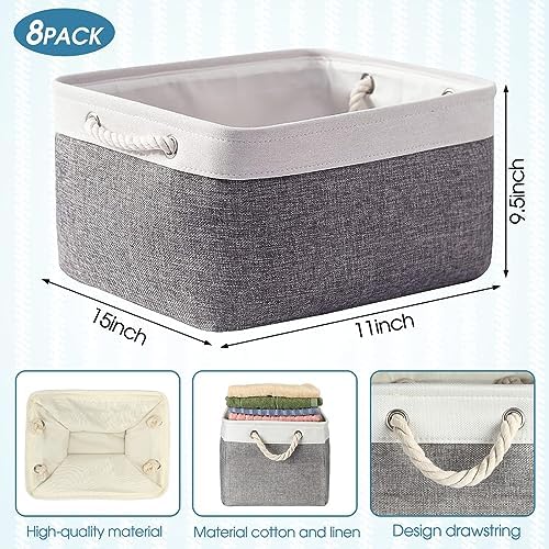 meekoo 8 Pack Fabric Storage Bins Baskets, 15 x 11 x 9.5 in, Gray White - Image 2