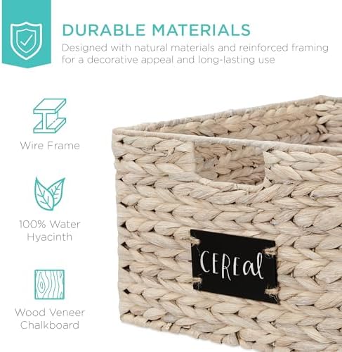 Best Choice Products Pantry Baskets Set of 2 16x12in Water Hyacinth Storage Baskets, Woven Wicker Kitchen Organizers with handles w/Chalkboard Label Chalk Marker - White - Image 5