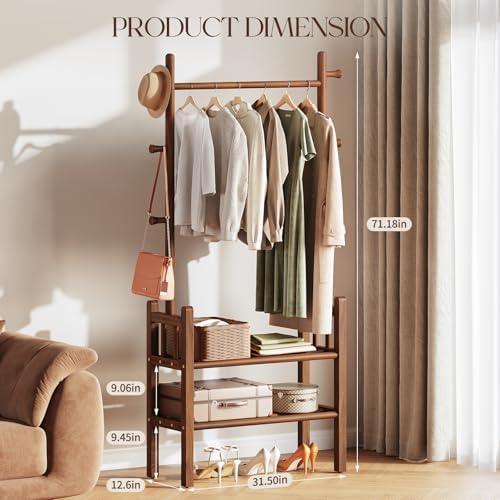 Yoobure Solid Wood Clothing Rack with Shelves - Coat Rack Freestanding with 6 Hooks, 3-in-1 Hall Tree for Hanging Clothes, Tall Garment Racks with Storage for Bedroom, Entryway, Living Room, Closet - Image 2