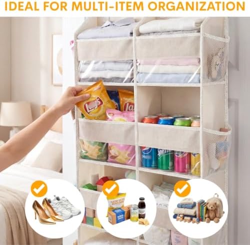 2 Pack Over The Door Organizer 6 Tiers, Extra Large Behind Door Storage of 12 Compartments, 80 lbs Weight Capacity Hanging Storage Organizer with Clear Window Kids Toys,Shoes (6 Tiers - Beige) - Image 5