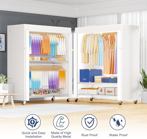 ULIFHOME P8C Max Heavy Duty Clothes Rack（With Extended Width Design） Rolling Clothing Racks for Hanging Clothes with Lockable Wheels，51.2"W x 15.8"D x 80.5"H，Load 800LBS，White Rack with White Cover - Image 4