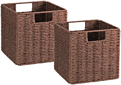 Vagusicc Wicker Storage Basket, Set of 2 Hand-Woven Storage Baskets for Shelves with Handles, Foldable Cube Storage Baskets Bins Organizer, 13 inch Large Wicker Baskets for Pantry Bedroom Decor, Brown by Vagusicc