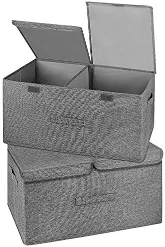 2 Pack Large Storage Boxes with Lids and Handles, Collapsible Linen Storage Bins Organizer Containers Baskets Cube with Removable Divider for Home Bedroom Closet Office (Grey, Large) by Unknown
