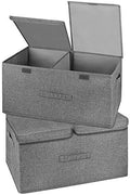 2 Pack Large Storage Boxes with Lids and Handles, Collapsible Linen Storage Bins Organizer Containers Baskets Cube with Removable Divider for Home Bedroom Closet Office (Grey, Large) by Unknown