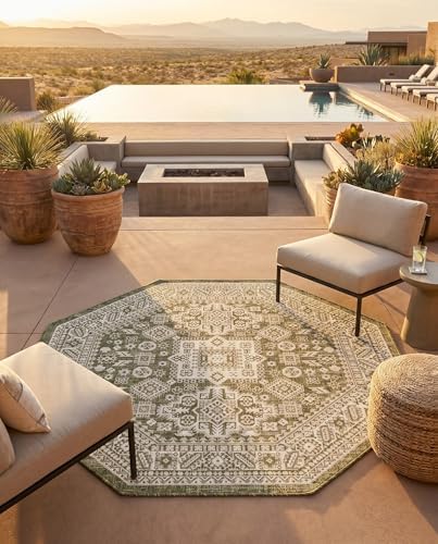 Rugs.com - Outdoor Aztec Rug – 5 Ft Octagon Green Indoor/Outdoor Rug – Weather-Resistant Flatweave for Patios, Decks, and Porches - Image 6