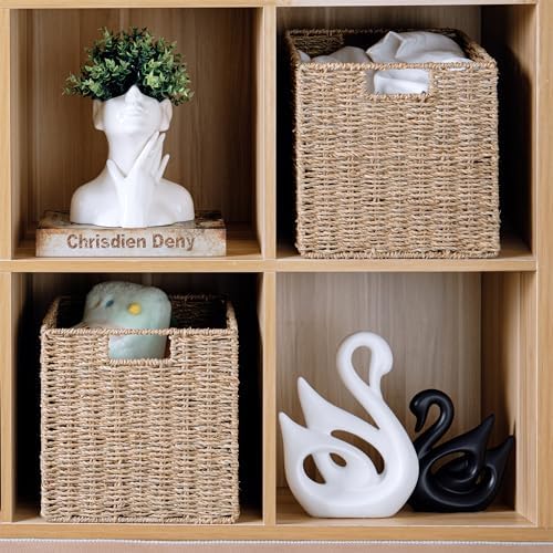 10.5 x 10.5in Cube Seagrass Storage Baskets, Foldable Square Wicker Storage Baskets for Shelves Set of 3, Large Cubby Rattan Basket, Collapsible Cube Storage Bins - Image 5