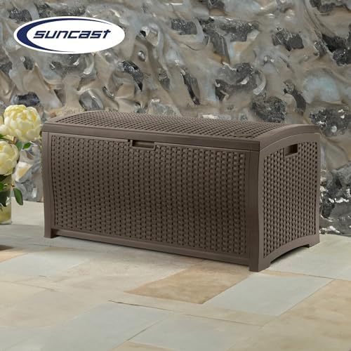 Suncast 99 Gallon Plastic Wicker Deck Box Container Storage for Garden, Garage, Home, Pool, Indoor and Outdoor Use, Mocha (2 Pack) - Image 4