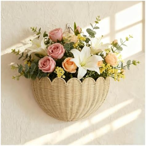 Scalloped Wicker Wall Basket - Rattan Hanging Storage Organizer, Decorative Basket for Nursery, Bathroom, Front Door, Perfect for Flowers, Mail, Toys - Image 2
