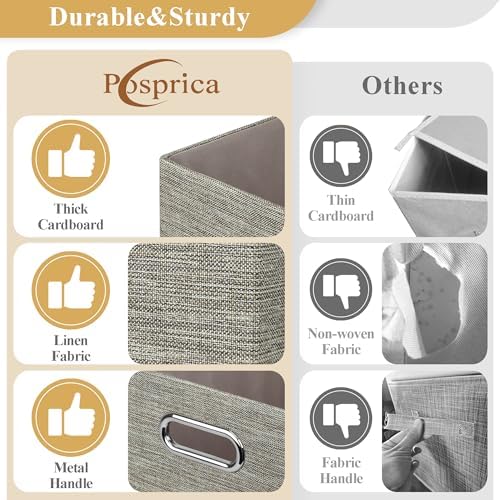 Posprica Closet Storage Bins, 4 Pack Large Closet Shelf Organizers, Linen Fabric Decorative Storage Baskets for Organizing, Foldable Storage Box for Clothes, 16.5x12x10.25 Inch-Coffee - Image 2