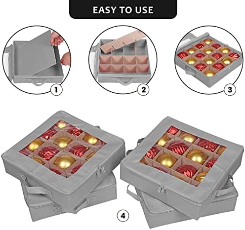 ProPik 4 Pcs Christmas Ornament Storage Boxes with Dividers, Transparent Top Zipper Closure, 4 Individual Ornament Holder Trays, Keeps 64 Holiday Ornaments, Ornament Organizer Storage Box (Gray) - Image 2