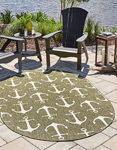 Unique Loom Outdoor Coastal Collection Area Rug - Ahoy (5' 3" x 7' 10" Oval, Green/ Ivory) by UniqueLoom