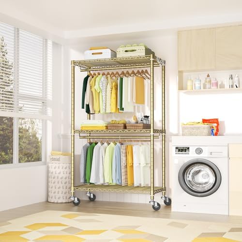 FUTASSI Rolling Clothes Rack, Clothing Racks for Hanging Clothes, Gold - Image 5